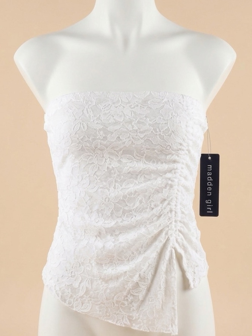 Madden Girl White Lace Strapless Asymmetrical Ruched Top
